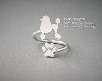 Adjustable Spiral POODLE and PAW Ring / Poodle Ring / Paw Ring /Dog Ring / Silver, Gold Plated or Rose Plated.