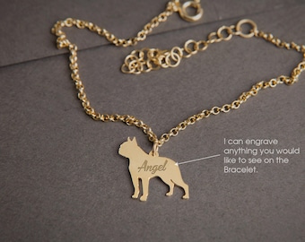 Personalized Boston Terrier Bracelet: 925 Sterling Silver, Engraved Dog Charm