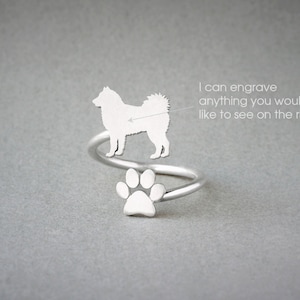 Adjustable Sterling Silver Siberian Husky & Paw Ring
