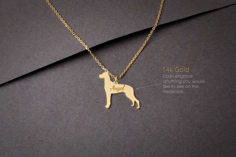 May include: A gold necklace with a dog silhouette pendant. The pendant is engraved with the name "Angel". The necklace is made of 14k gold. The text "14k Gold" is visible in the image. The text "I can engrave anything you would like to see on the necklace." is also visible in the image.