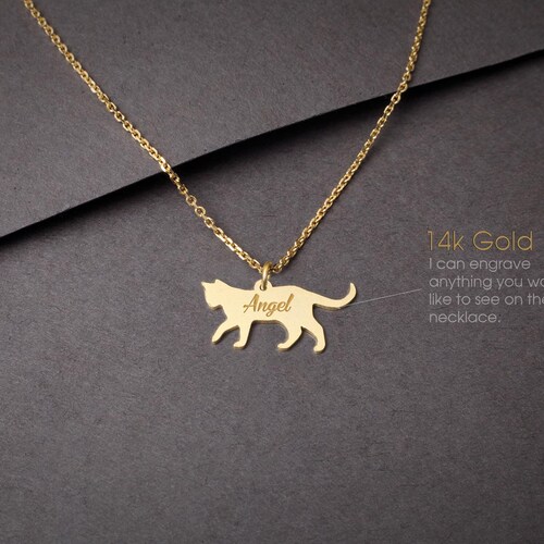 14K Solid GOLD Tiny SHORTHAIRED CAT Name Necklace Gold Cat Etsy