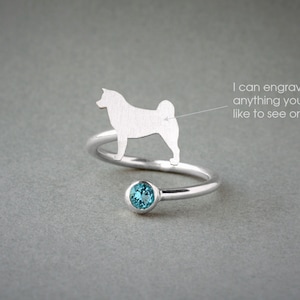 Adjustable Akita Birthstone Ring: Personalized Sterling Silver Dog Ring
