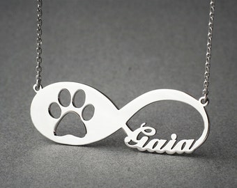 Personalized Sterling Silver Infinity Paw Necklace: Custom Pet Name Jewelry