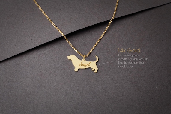 14K Solid Gold Basset Hound Necklace - Personalized Dog Lover Gift