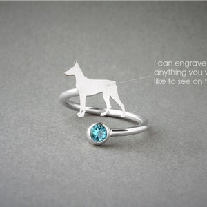 Adjustable Sterling Silver Doberman Birthstone Ring: Dog Lover Jewelry