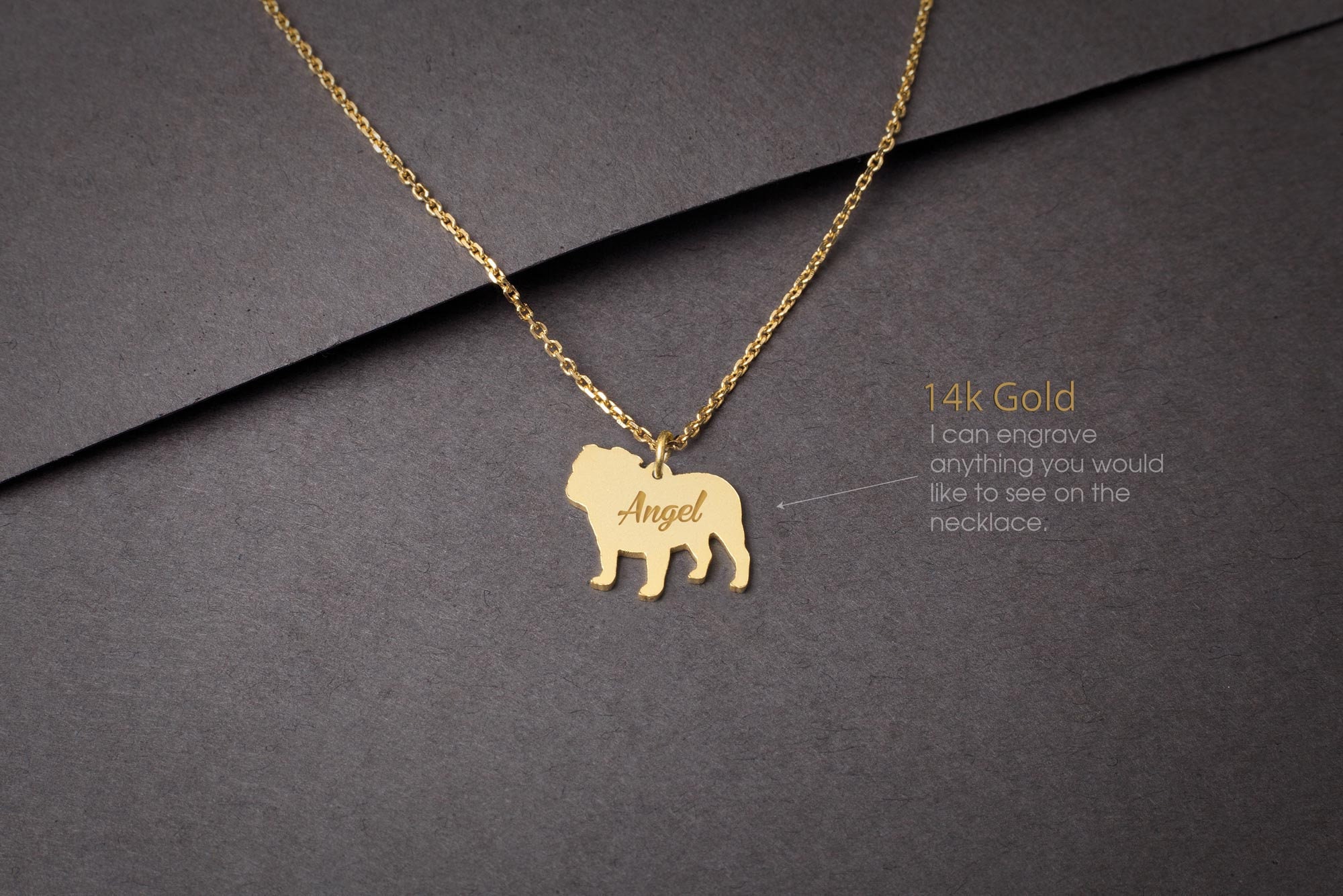 14K Solid Gold English Bulldog Necklace - Personalized Engraving 