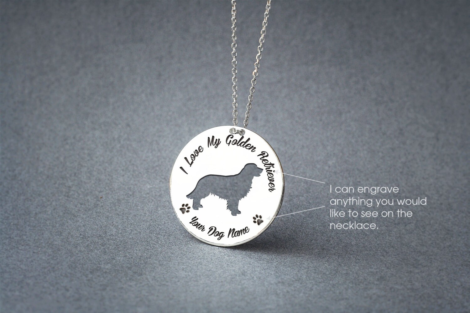 Personalised DISC GOLDEN RETRIEVER Necklace / Circle dog breed Necklace / Dog necklace/ Silver, Gold Plated or Rose Plated.
