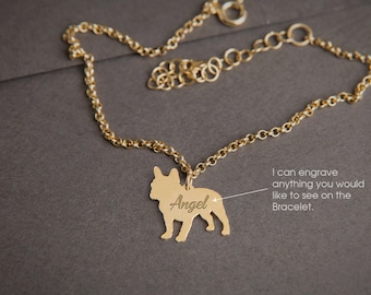FRENCH BULLDOG Personalised Tiny Silver Bracelet - French Bulldog Bracelet - 925 Sterling Silver, Gold Plated or Rose Plated