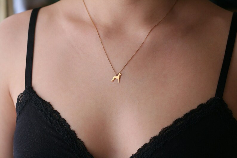 May include: A gold necklace with a dog silhouette pendant. The necklace is worn by a person with a black lace bra.