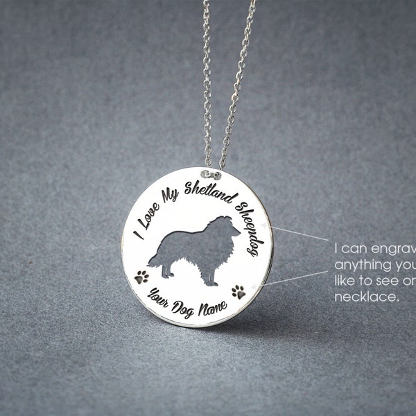 Personalised DISK SHETLAND SHEEPDOG Necklace / Circle Sheltie Necklace / Collie Dog necklace/ Silver, Gold Plated or Rose Plated.