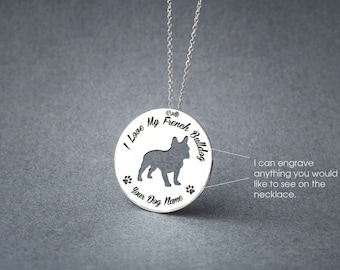 Personalised DISC FRENCH BULLDOG Necklace / Circle dog breed Necklace / French Bulldog Necklace/ Silver, Gold Plated or Rose Plated.