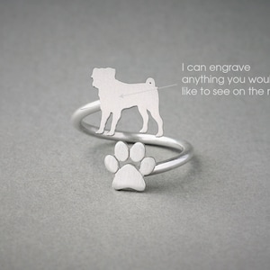 Adjustable Spiral PUG and PAW Ring / Pug Ring / Paw Ring /Dog Ring / Silver, Gold Plated or Rose Plated.