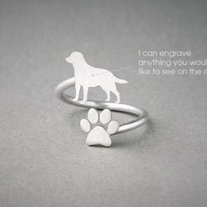 Adjustable Spiral Labrador Retriever and PAW Ring / Labrador Retriever Ring / Paw Ring /Dog Ring / Silver, Gold Plated or Rose Plated.