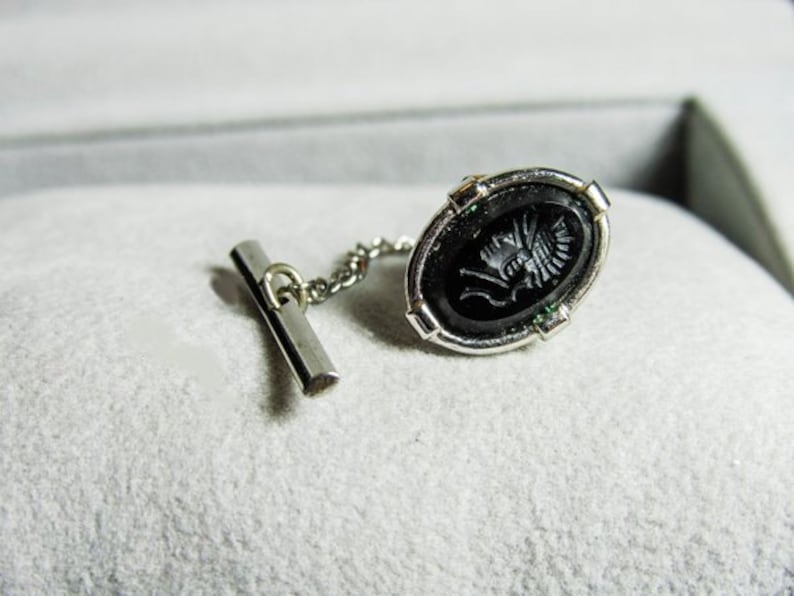 Vintage Silver Plated Oval Carved Knight Tie Tack with 12 Detailing and 1 12 Chain