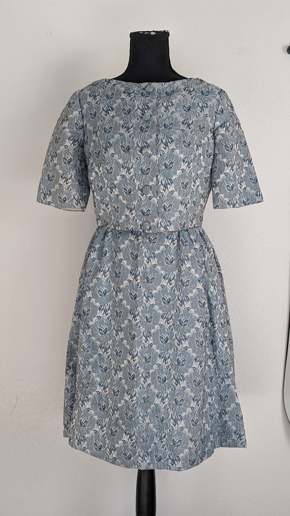 1950's or 1960s Brocade Cocktail Dress, Blue Vinta