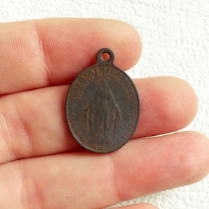 Vintage bronze Holy Virgin Mary Medal pendant 1800s Religious amulet Sacred Heart pendant Antique bronze Catholic medal Protective amulet