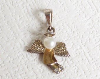 Vintage sterlingsilver 925 guld 9K pärla kubisk zirkonia ängelhänge gåva till henne kvinna hänge vintage smycken ängel kristna smycken