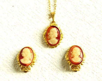 Zestaw biżuterii Vintage Cameo Kolczyki z kameą, klips na naszyjnik z kameą, wisiorek Biżuteria Vintage Prezent dla mamy Prezent dla żony Naszyjnik dla kobiety
