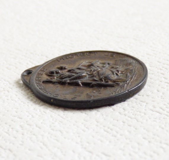 Vintage bronze catholic medal St Christopher Pope… - image 3