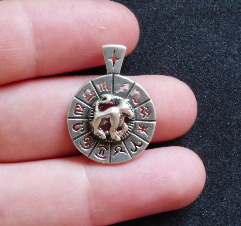 May include: Silver pendant featuring a zodiac wheel with the Leo symbol in the center. The wheel has all 12 zodiac signs around the edge.
