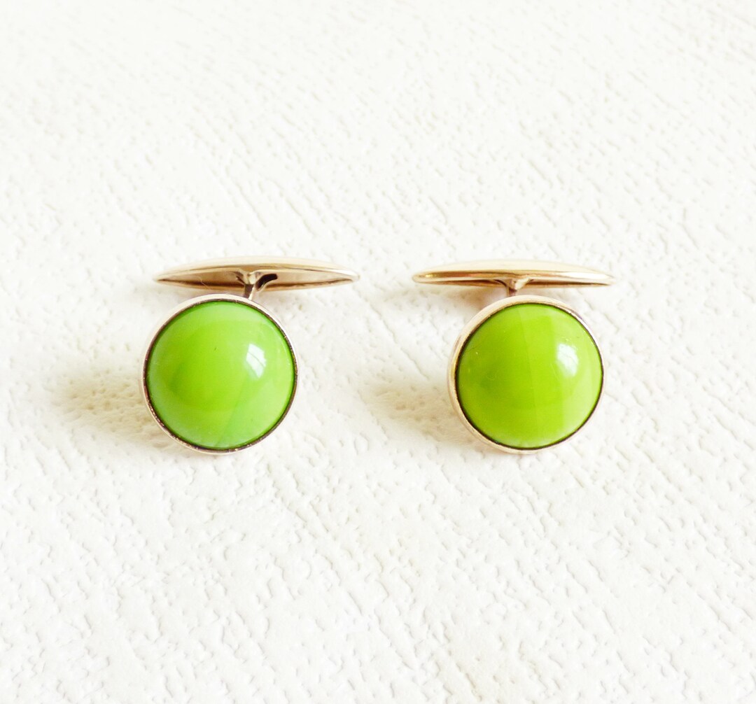 Boutons De Manchette Vintage Russe C45 - Argent Sterling 875 Et Véritable Agate Verte