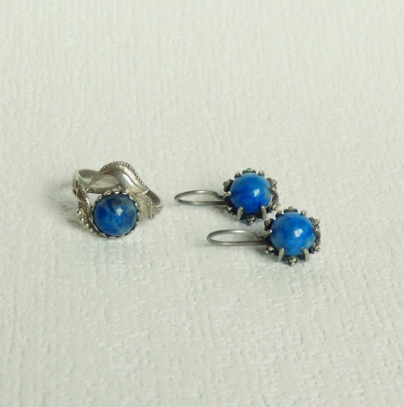 Soviet vintage jewelry set for women Ring size 7 and earrings with Lapis Lazuli Vintage earrings Lapis lazuli jewelry Mother gift Wife gift