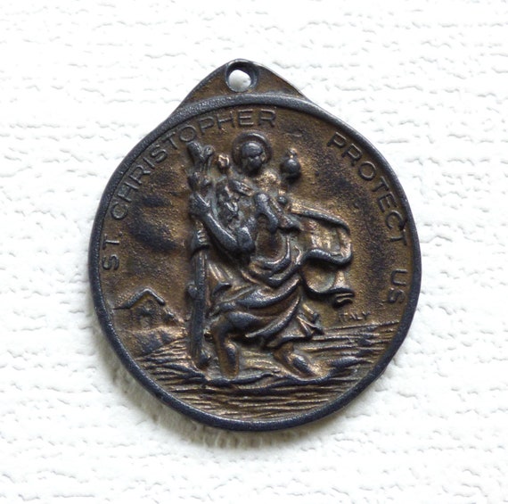 Vintage bronze catholic medal St Christopher Pope… - image 1