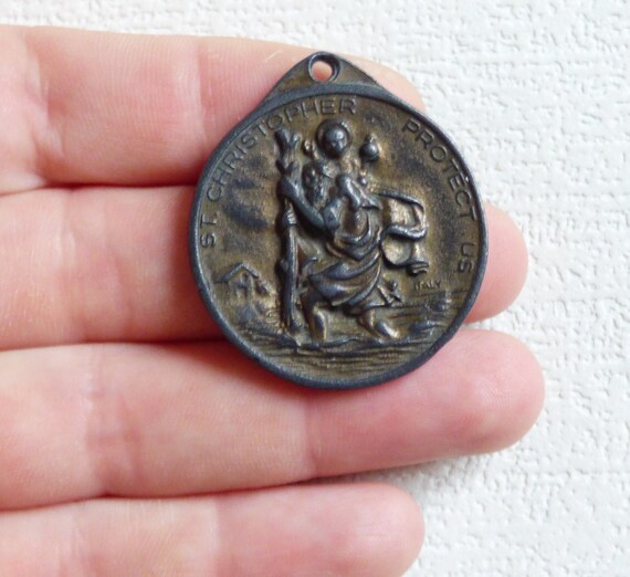 Vintage bronze catholic medal St Christopher Pope… - image 6