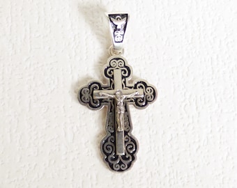 Vintage enameled sterling silver 925 cross pendant Orthodox cross Vintage silver cross Russian cross Christian jewelry Silver crucifix