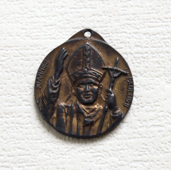 Vintage bronze catholic medal St Christopher Pope… - image 2