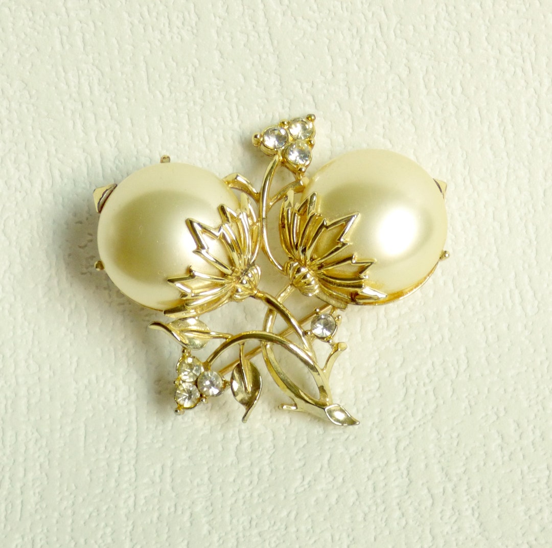 Broche Vintage Perles Et Strass Dorée - Bijou Ancien, Occasion Bon état