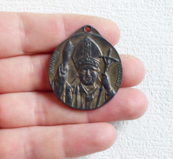 Vintage bronze catholic medal St Christopher Pope… - image 5