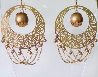 Vintage gold large hoop earrings Boho earrings Boho Jewelry Summer jewelry Gold tracery earrings Large tracery chain earrings Dangle earring