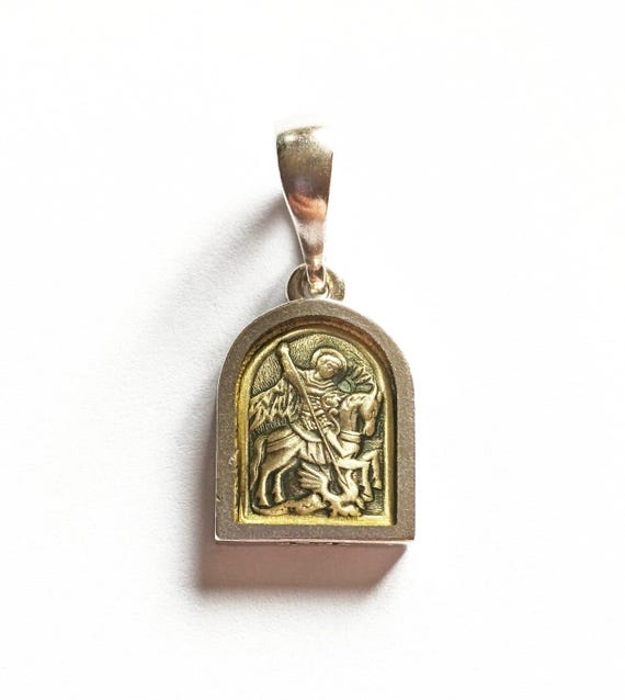 Vintage tiny sterling silver Orthodox amulet pendant St George Protective amulet
