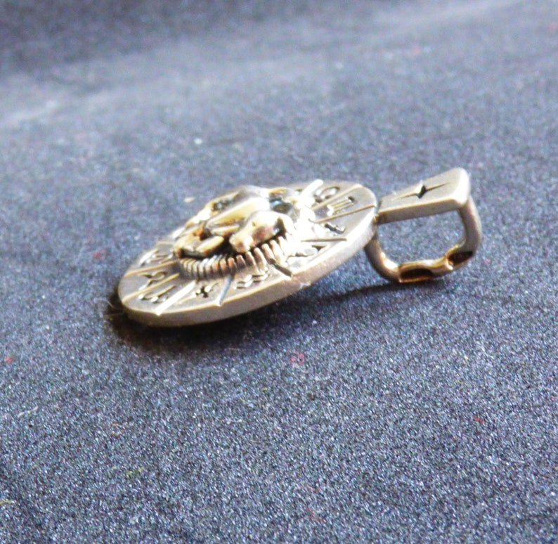 May include: Silver pendant with a detailed lion head design and a circular frame with engraved markings. The pendant has a loop for attaching a chain.