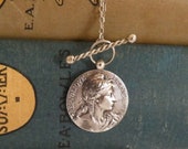 FRENCH Victorian Solid Silver CHAIN Guard Belcher Muff T Bar Solid Silver Medal PENDANT France Antique Nouveau Marianne Goddess C1900