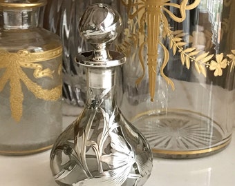 Antique VICTORIAN Art Nouveau Perfume BOTTLE Solid Sterling Silver Overlay & Glass Ornate Hallmark Hallmarked Circa 1900