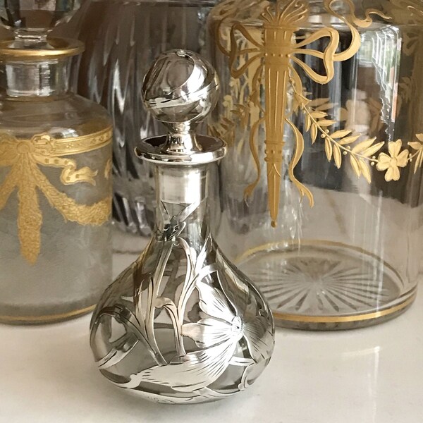 Antique VICTORIAN Art Nouveau Perfume BOTTLE Solid Sterling Silver Overlay & Glass Ornate Hallmark Hallmarked Circa 1900