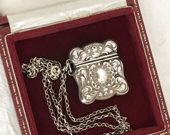 Victorian Solid Sterling Silver PENDANT VESTA Chatelaine Nouveau C 1900 &  Solid Silver Vintage Belcher CHAIN Hallmark Signed Italy 925