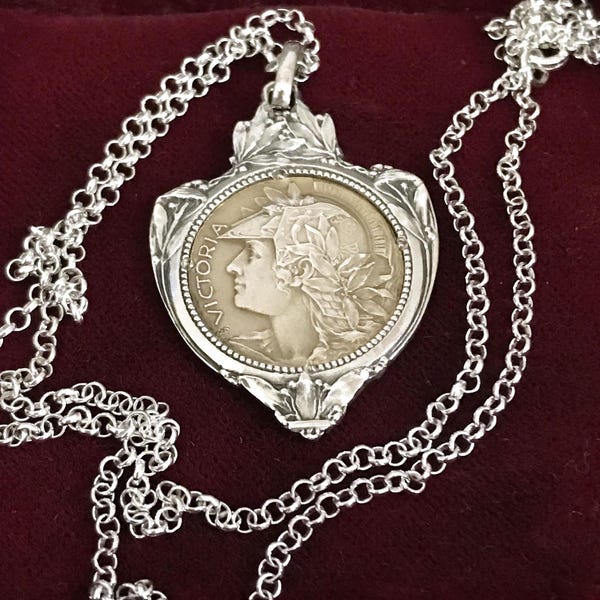 French VICTORIAN Silver PENDANT MEDAL Antique Gothic + Sterling Silver Rolo Chain 925