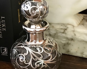 スターリング オーバーレイ 香水瓶、透明ガラス、メキシコ シルバー