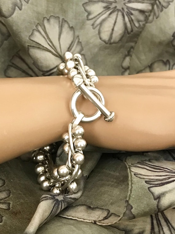 Solid Sterling Silver BRACELET 925 Toggle Balls B… - image 3