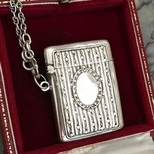 FRENCH Solid Silver PENDANT Chatelaine Vesta Case Art Nouveau Jugendstil Double Sided + French Solid Silver Ornate CHAIN France Antique