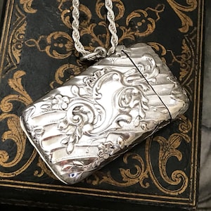 FRENCH Solid Silver PENDANT Chatelaine Vesta Case Double sided C 1900 Nouveau Jugendstil Antique France + Solid Sterling CHAIN Vintage Italy