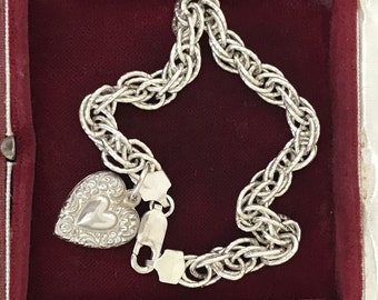 Vintage Solid STERLING SILVER BRACELET & Victorian Heart Charm Link Links Ornate Hallmark Hallmarked