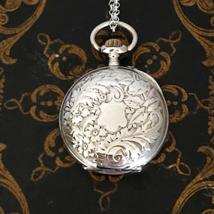 Victorian Silver Pocket Watch Pendant Necklace: French Hallmarked Chatelaine, Sterling Rolo Chain