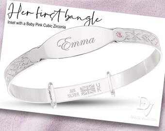 DOLCE VALENTINA GIRL'S Pink cz  925 Sterling Silver Personalised Any Baby Name Bangle Christening Newborn 0-1 yrs