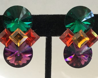 Vintage 80s Wendy Gell Purple /& Fuchsia Cut Crystal Clip On Earrings