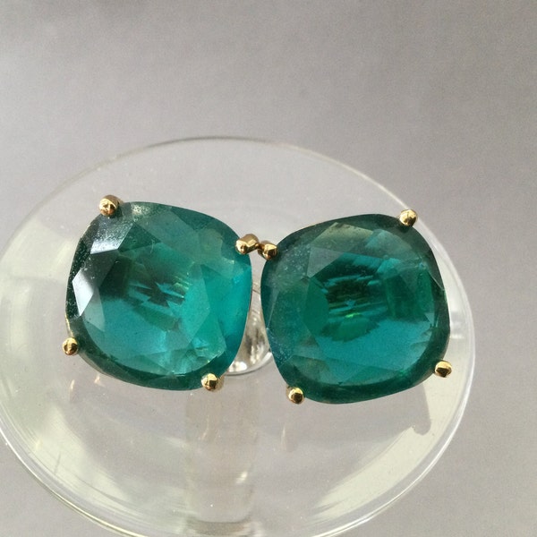 Square Round Headlight Aqua Blue Faceted Glass Clip On Earrings