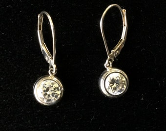 Round Open Bezel CZ 14K White Gold Drop Pierced Earrings